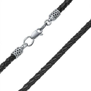 Ювелирный шнурок Гайтан черный, Натуральная плетеная кожа 4 мм с серебряным замком, Родирование