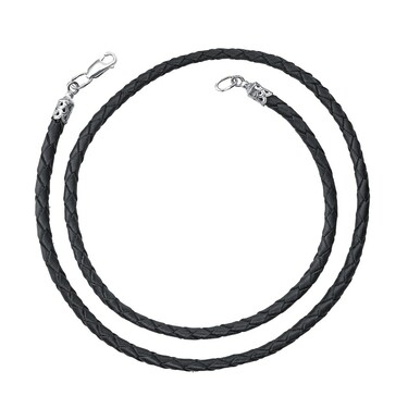 Ювелирный шнурок Гайтан черный, Натуральная плетеная кожа 2,6 мм с серебряным замком, Родирование