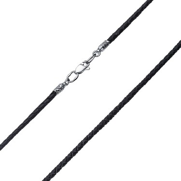 Ювелирный шнурок Гайтан черный, Натуральная плетеная кожа 2,6 мм с серебряным замком, Родирование