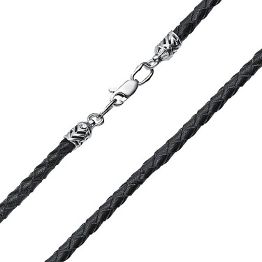 Ювелирный шнурок Гайтан черный, Натуральная плетеная кожа 3,8 мм с серебряным замком, Родирование