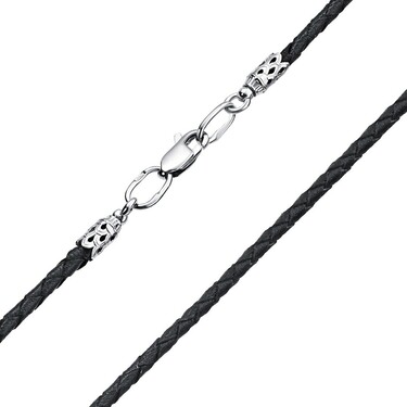 Ювелирный шнурок Гайтан черный, Натуральная плетая кожа 2,6 мм с серебряным замком, Родирование
