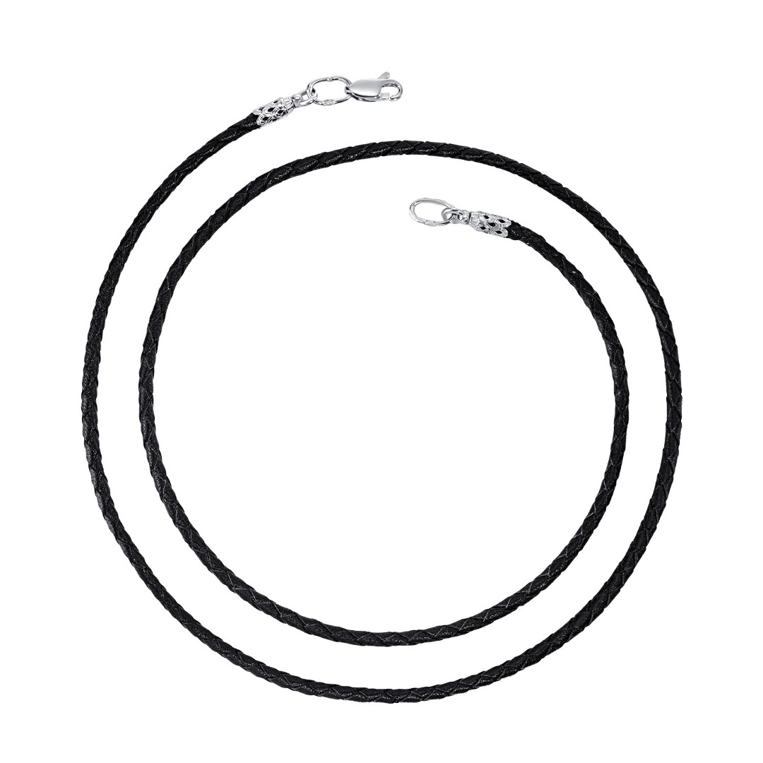 Ювелирный шнурок Гайтан черный, Натуральная плетая кожа 2,6 мм с серебряным замком, Родирование Шнурок,Гайтана,Серебро,Натуральная кожа,с вставкой Без вставок,с замком Карабинный,РОССИЯ
