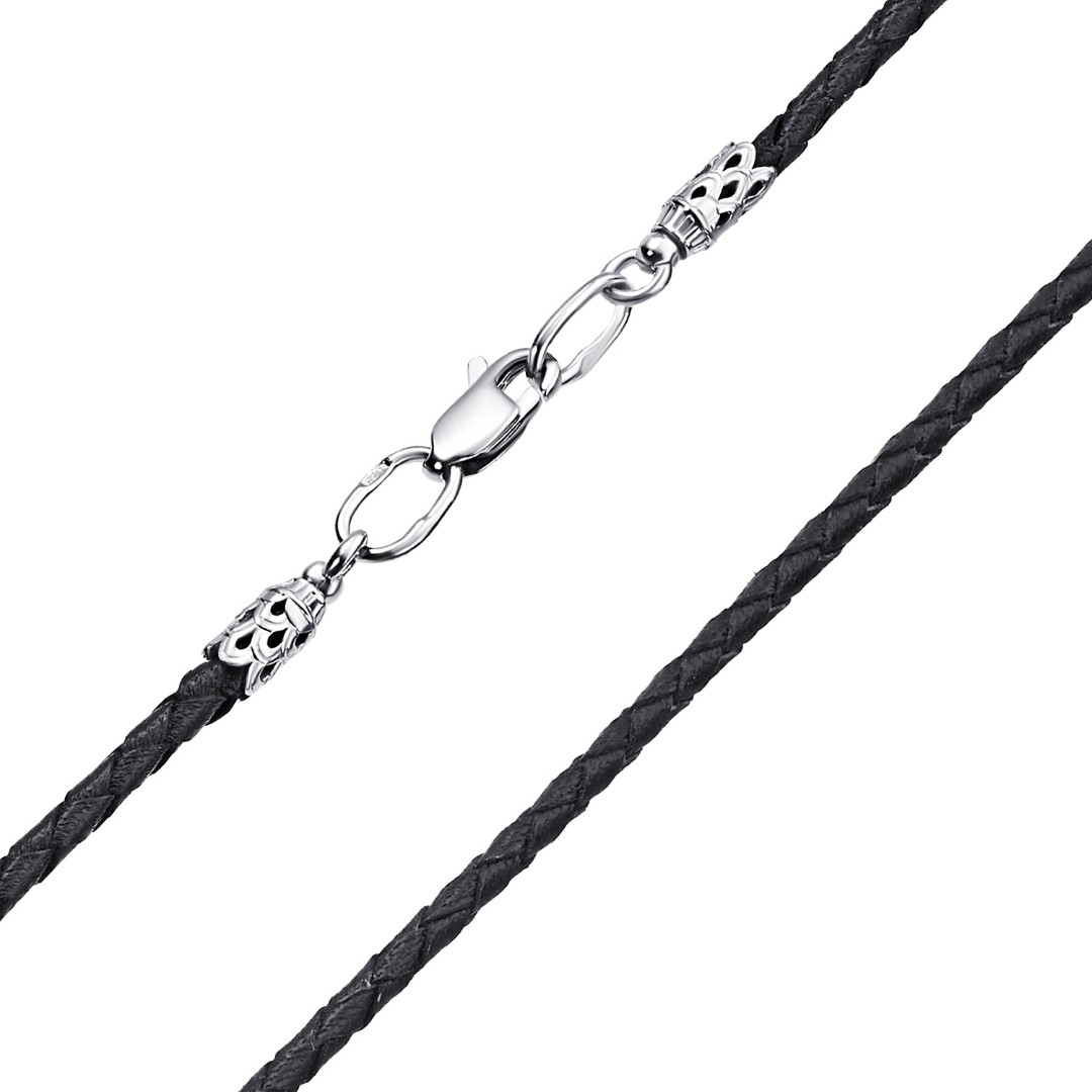 Ювелирный шнурок Гайтан черный, Натуральная плетая кожа 2,6 мм с серебряным замком, Родирование Шнурок,Гайтана,Серебро,Натуральная кожа,с вставкой Без вставок,с замком Карабинный,РОССИЯ