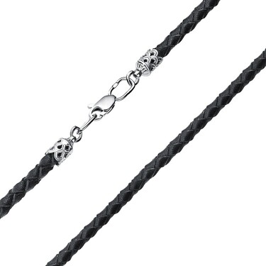 Ювелирный шнурок Гайтан черный, Натуральная плетеная кожа 3,8 мм с серебряным замком, Родирование