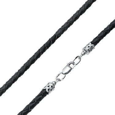 Ювелирный шнурок Гайтан черный, Натуральная плетеная кожа 4,6 мм с серебряным замком, Родирование