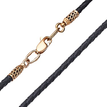Ювелирный шнурок Гайтан черный, Натуральная плетеная кожа 2,7 мм с серебряным замком, Позолота