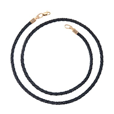 Ювелирный шнурок Гайтан черный, Натуральная плетеная кожа 4 мм с серебряным замком, Позолота