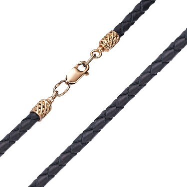 Ювелирный шнурок Гайтан черный, Натуральная плетеная кожа 4,7 мм с серебряным замком, Позолота