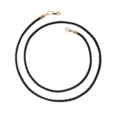 Ювелирный шнурок Гайтан черный, Натуральная плетная кожа 2,6 мм с серебряным замком, Позолота