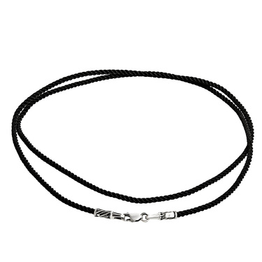 Ювелирный шнурок Гайтан черный, Шелк 2 мм с серебряным ажурным замком, Чернение