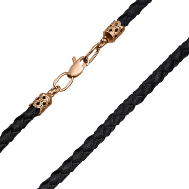 Ювелирный шнурок Гайтан черный, Натуральная плетеная кожа 3,8 мм с серебряным замком, Позолота