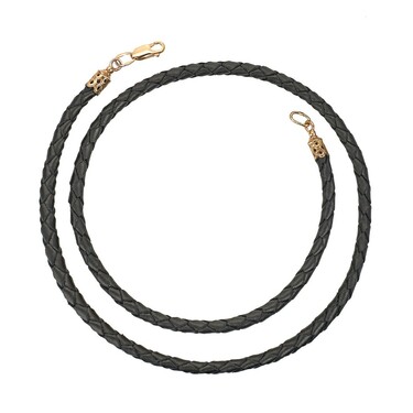Ювелирный шнурок Гайтан черный, Натуральная плетеная кожа 4,6 мм с серебряным замком, Позолота