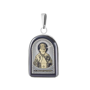 Серебряная подвеска иконка св. Николай Чудотворец на стекле, родий и позолота