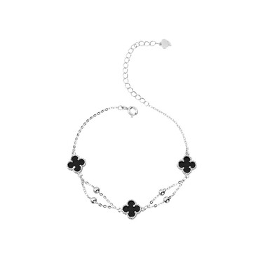 Серебряный женский браслет-цепочка с четырехлистником из агата, в родии