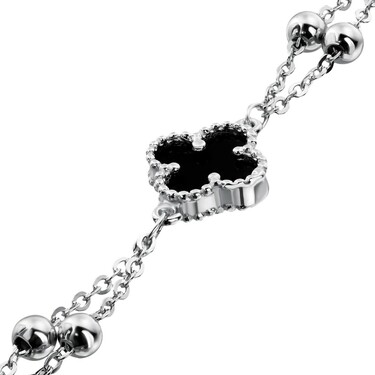 Серебряный женский браслет-цепочка с четырехлистником из агата, в родии