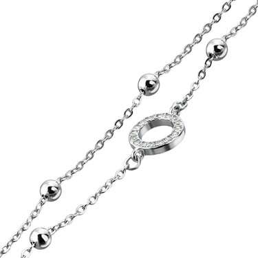 Серебряный женский браслет-цепочка с шариками и кргуом, инкрустированным кубическими циркониями , в