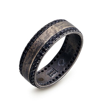Серебряное широкое кольцо с черными сапфирами, чернение