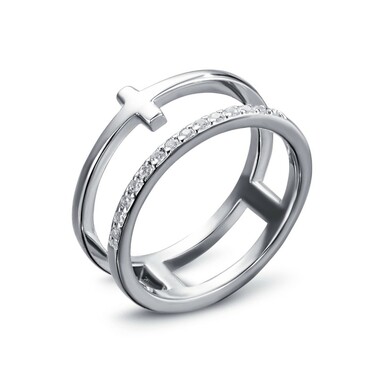 Серебряное двойное кольцо Фаланговое / Крест / Дорожка с белыми камнями фианитами, родирование