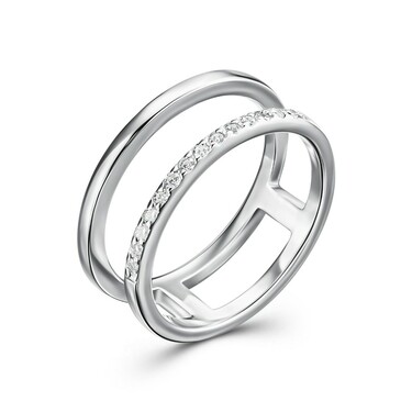 Серебряное двойное кольцо Фаланговое / Дорожка с белыми камнями фианитами, родирование