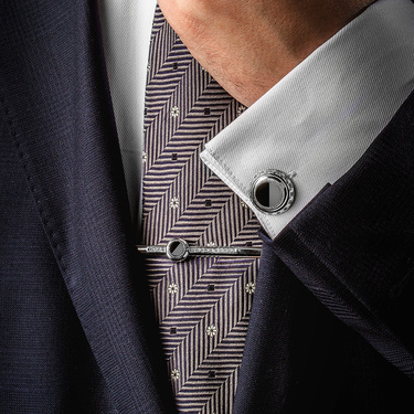 Серебряные запонки в рубашку, с белым фианитами и ониксом