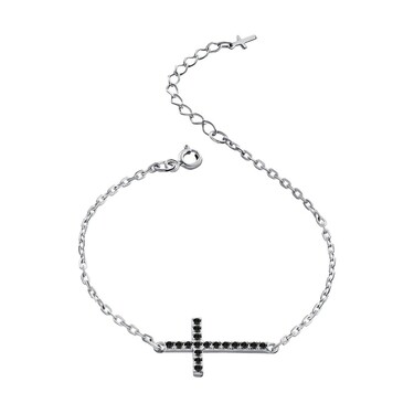 Серебряный женский браслет "крест" с черными фианитами, родий