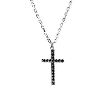 Серебряное колье "Крест" с черными фианитами, родирование