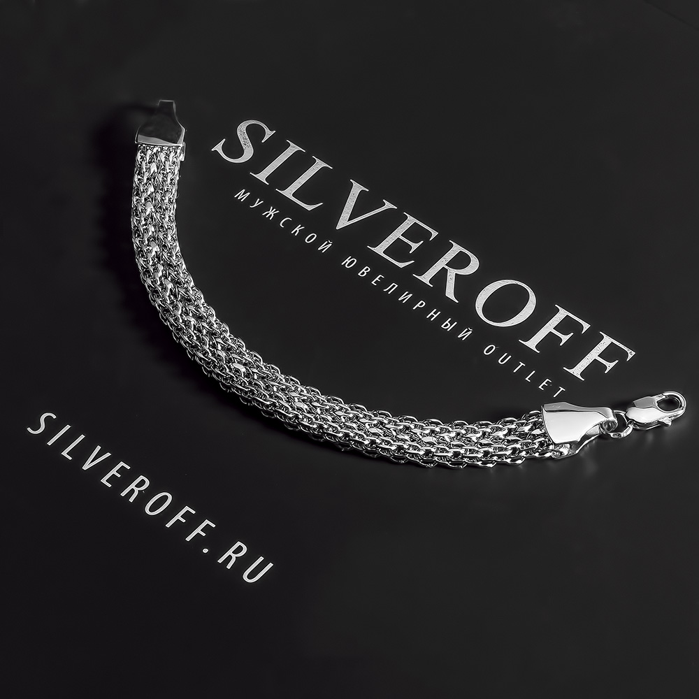 Серебряный мужской браслет, плетение двойной Бисмарк, родий, ширина 1 см Браслет на руку,Серебро,с вставкой Без вставок,с замком Карабинный,РОССИЯ