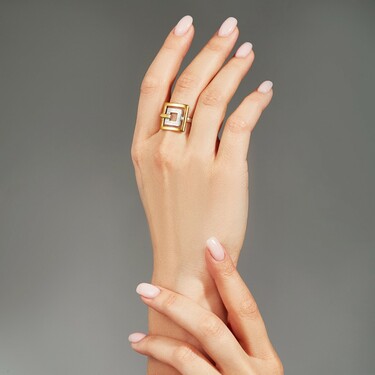 Серебряное женское кольцо с Греческим орнаментом / Меандр, родий, позолота