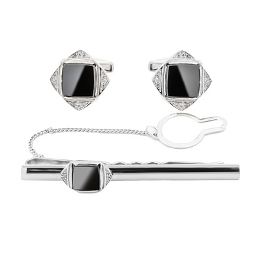 Серебряный зажим для галстука, с белым фианитом и ониксом