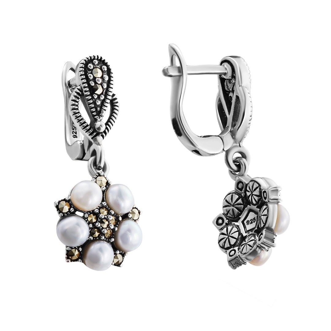 Серьги,Серебро,с вставкой Жемчуг культивированный,Марказит Сваровски Белая цвета,с замком Английский,ТАИЛАНД