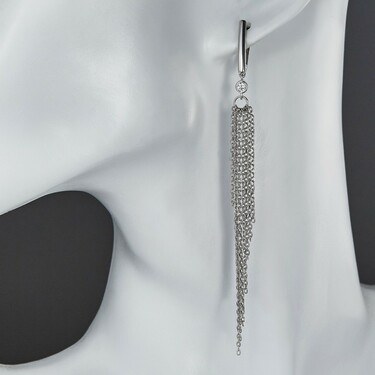 Серебряные длинные этнические серьги с подвесками из фианитов и кисточек из цепочек 