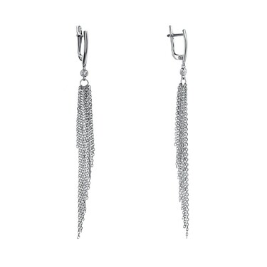Серебряные длинные этнические серьги с подвесками из фианитов и кисточек из цепочек 
