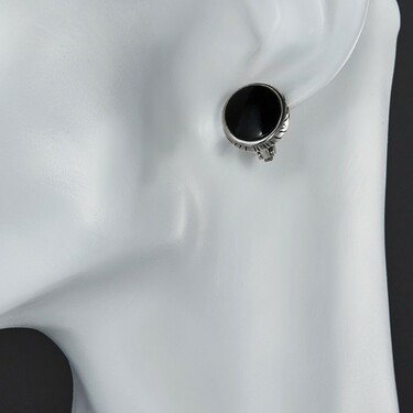 Серебряные серьги с большим круглым черным агатом, родий