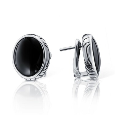 Серебряные серьги с большим круглым черным агатом, родий