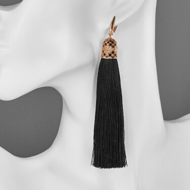 Серебряные длинные серьги люстры с кисточками из черной шелковой нити, позолота