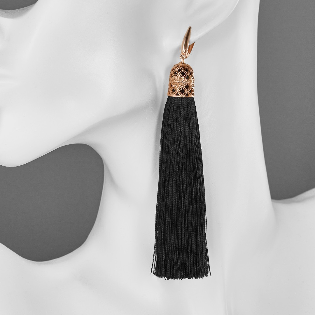 Серебряные длинные серьги люстры с кисточками из черной шелковой нити, позолота Серьги,Серьги Люстры,Серебро,с вставкой Без вставок,с замком Английский,РОССИЯ