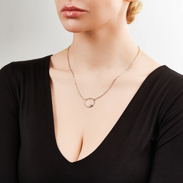 Серебряное женское колье Круг / Кольцо с белым фианитом, родирование