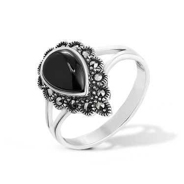 Серебряное женское кольцо с ониксом и марказитами Swarovski