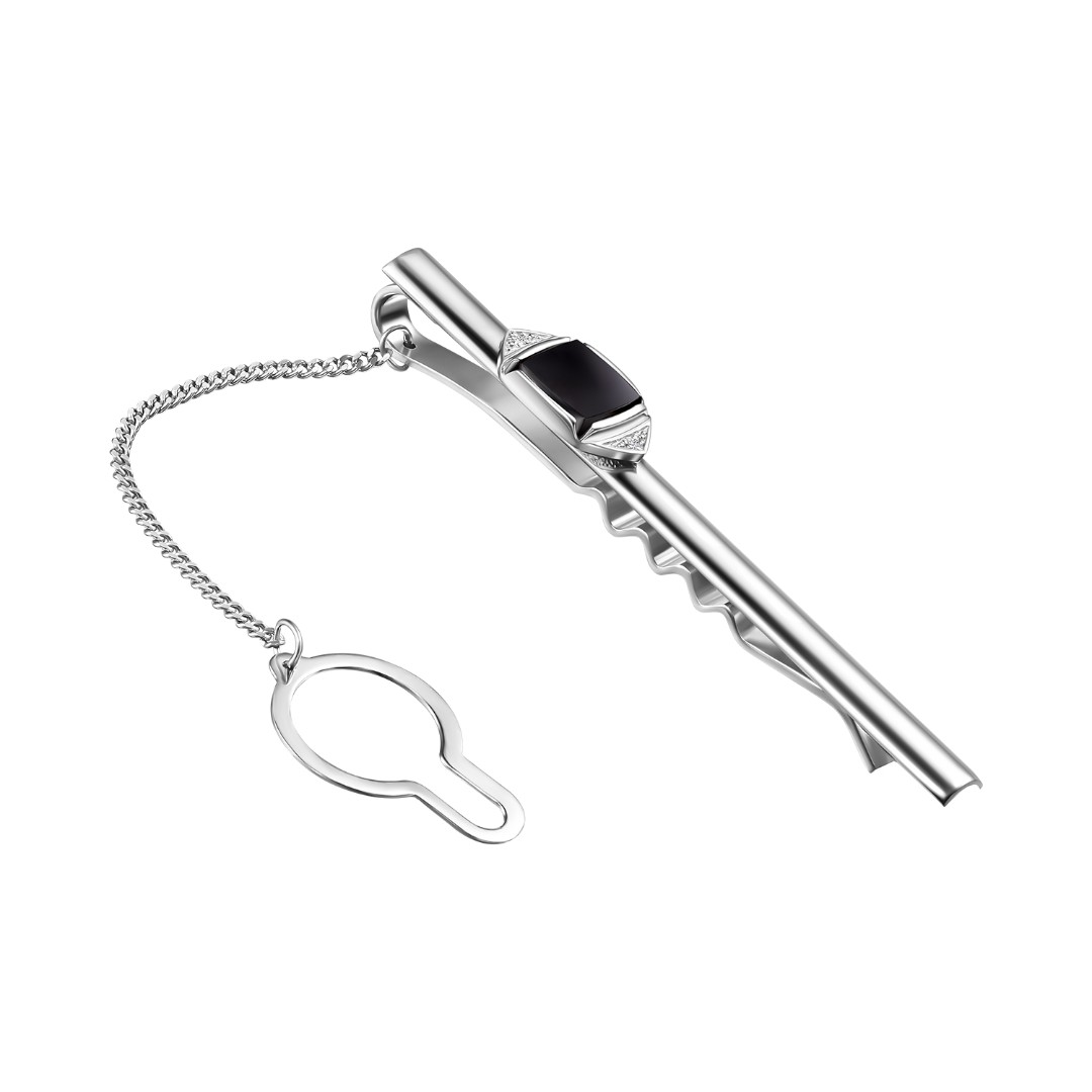 Серебряный зажим для галстука, с черным ониксом и фианитами в родии Зажим для галстука,Серебро,с вставкой Без вставок,РОССИЯ
