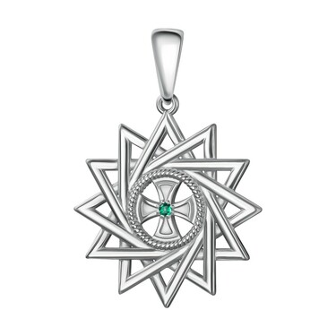 Серебряная двусторонняя подвеска "Звезда Эрцгаммы" большая, с зеленым фианитом, родий