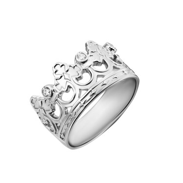 Серебряное кольцо Корона, с белыми фианитами, родий