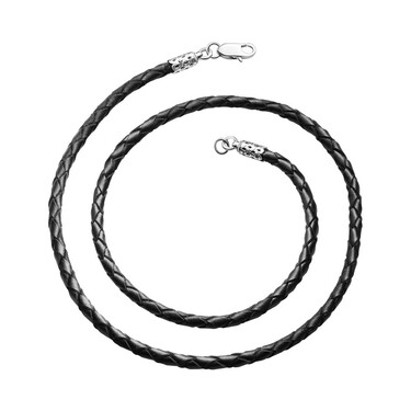 Ювелирный шнурок Гайтан черный, Натуральная плетеная кожа 3,5 мм с серебряным замком, Родирование