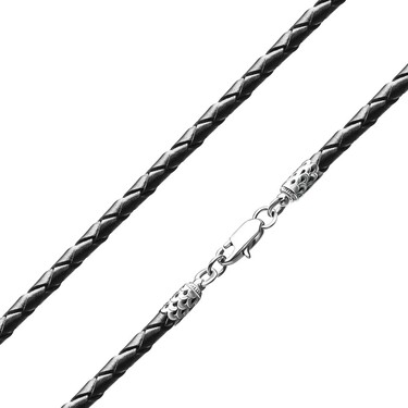 Ювелирный шнурок Гайтан черный, Натуральная плетеная кожа 3,5 мм с серебряным замком, Родирование