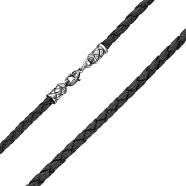 Ювелирный шнурок Гайтан черный, Плетеная Экокожа 4 мм с серебряным замком, Чернение