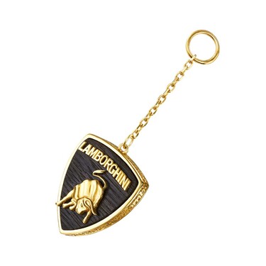 Серебряный брелок Lamborghini, вставка дуб мореный, позолота