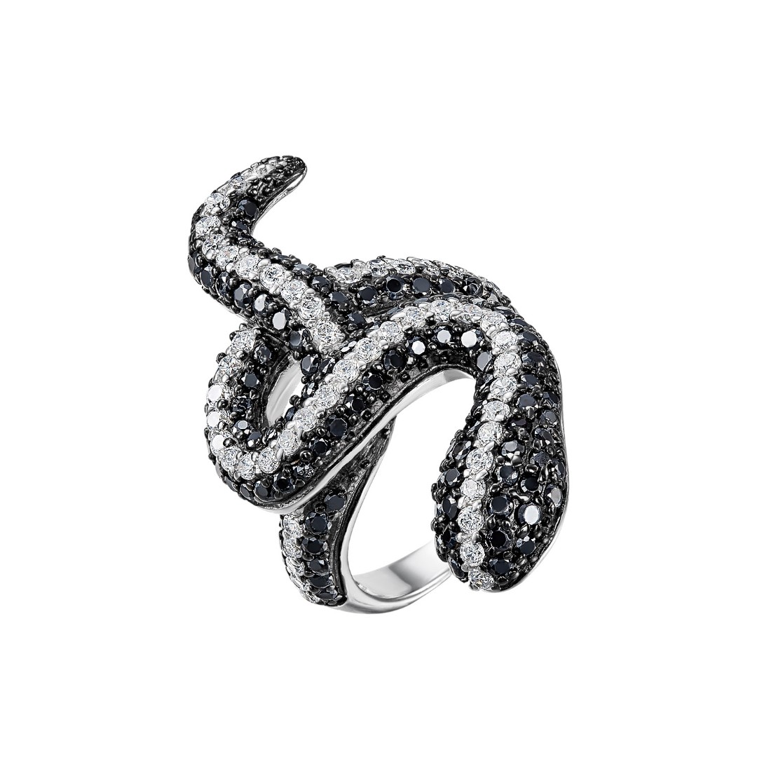 Кольцо,Серебро,с вставкой Циркон Белая,Черная цвета,ГОНКОНГ