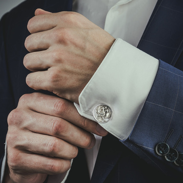 Серебряные запонки Герб России - Двуглавый орел, с фианитами, покрытие родий