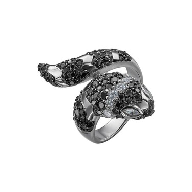 Серебряное кольцо Змея / Дорожка из белых и черных кубических цирконов, родий