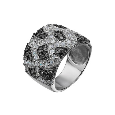 Серебряное широкое кольцо с черным и белым кубическим цирконом, родий
