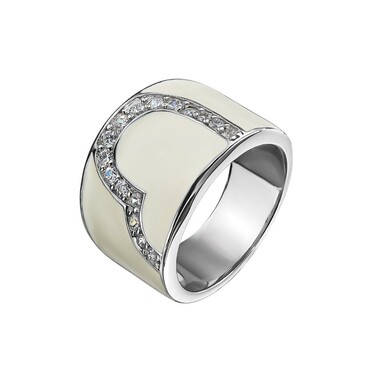 Серебряное широкое кольцо с бежевой эмалью и куб. цирконами, родий